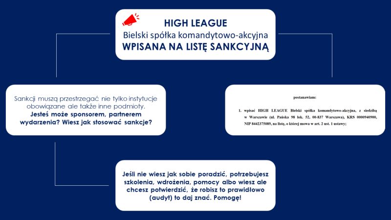 Read more about the article HIGH LEAGUE Bielski spółka komandytowo-akcyjna oraz H-Agency spółka z o. o. zostały wpisane na listę sankcyjną!