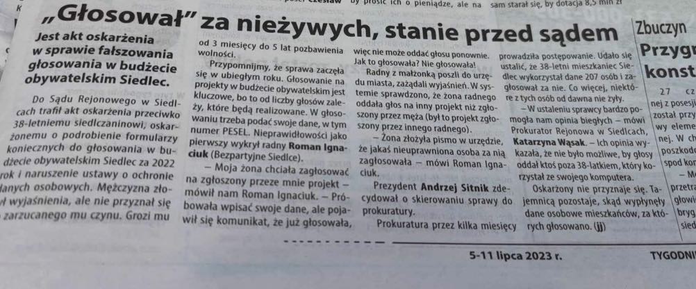 Read more about the article Akt oskarżenia za wykorzystanie cudzych danych osobowych w głosowaniu na budżet obywatelski